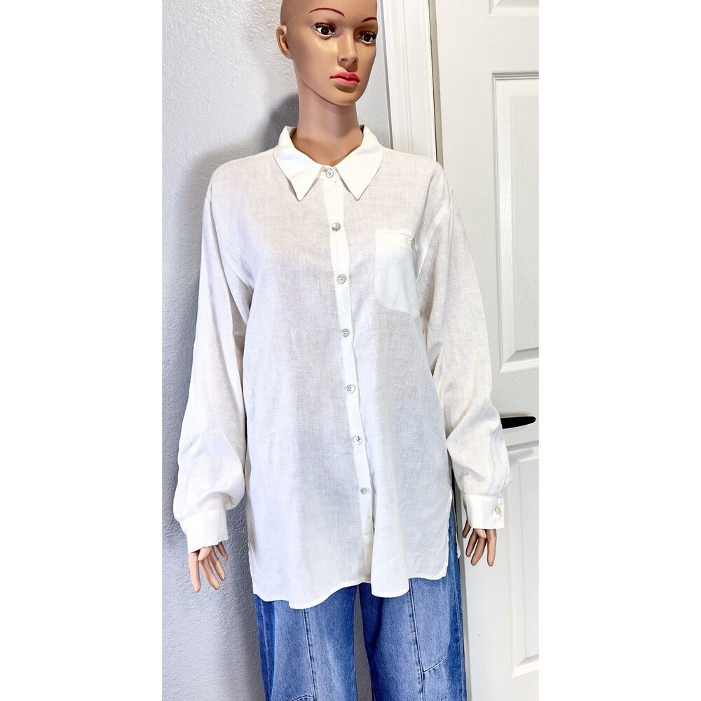 Chico’s Design Women’s Size 2 White 100% Linen Button Down Shirt Tunic Oversized
